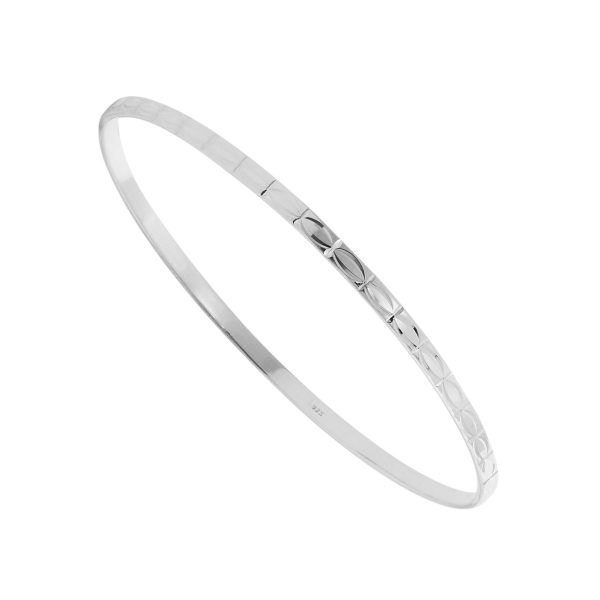 S4125X - Silver 3mm Flat Diamond Cut Round Bangle - W J Sutton